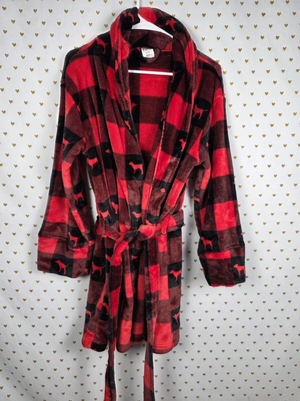 Victorias Secret Thick Red Black Dog Logo buffalo Plaid Fuzzy Robe M LARGE
