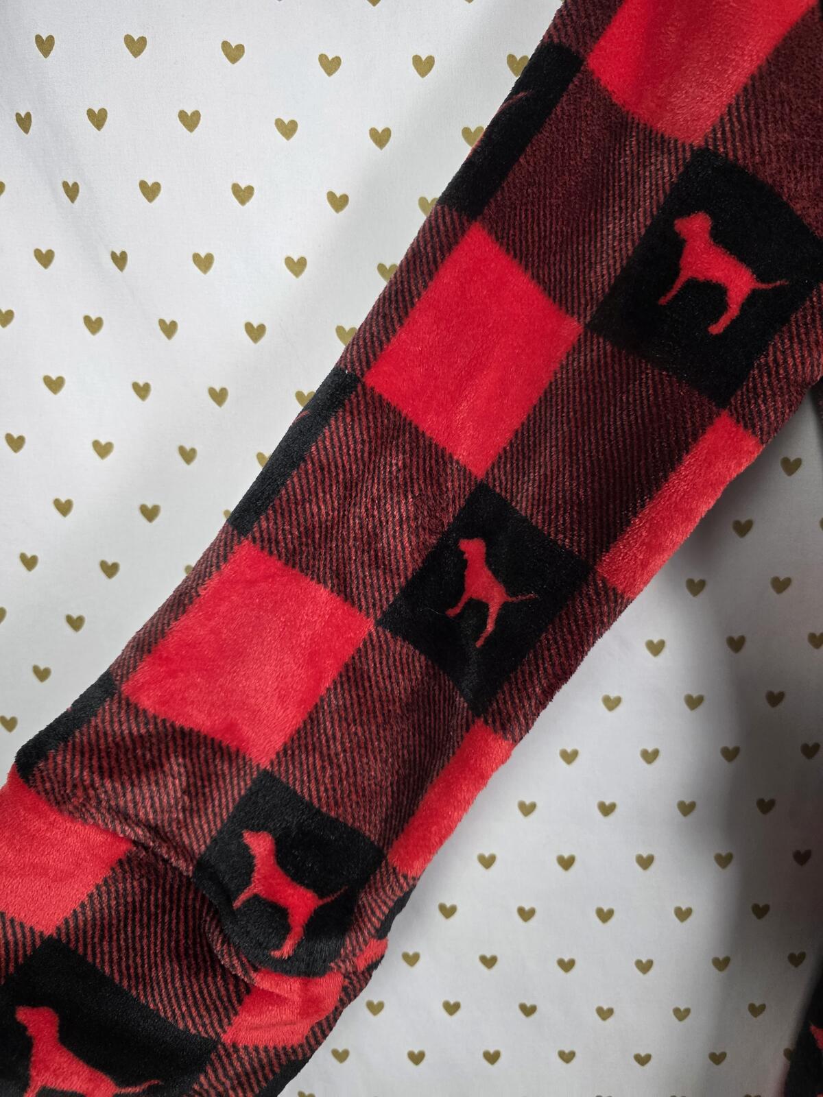Victorias Secret Thick Red Black Dog Logo buffalo Plaid Fuzzy Robe M LARGE