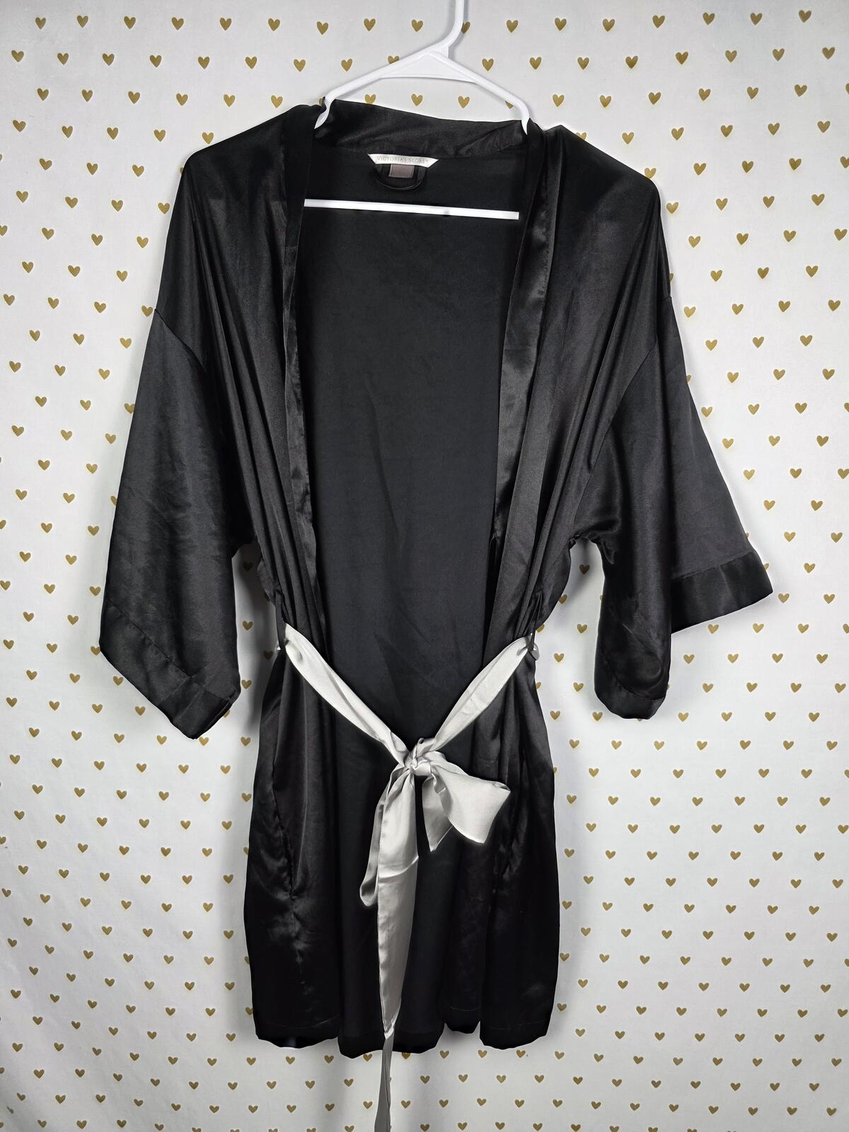Victorias Secret Satin Silky Robe Black Silver Wrap Lounge Kimono Small Medium