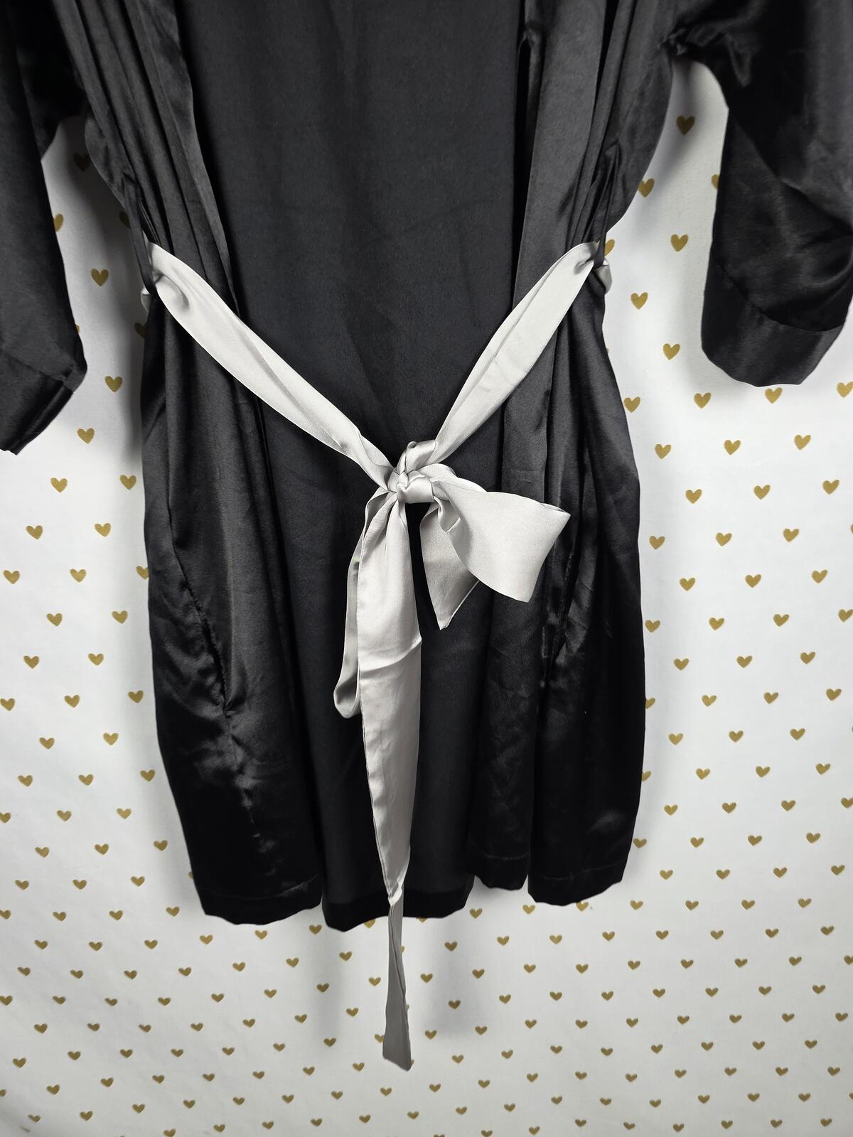Victorias Secret Satin Silky Robe Black Silver Wrap Lounge Kimono Small Medium