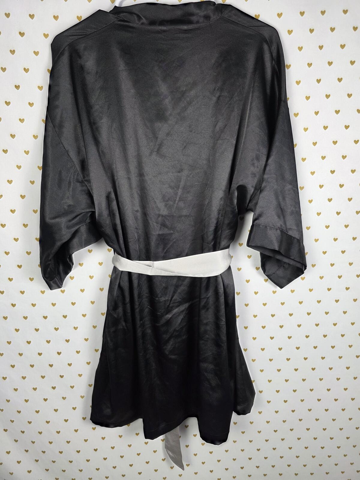 Victorias Secret Satin Silky Robe Black Silver Wrap Lounge Kimono Small Medium