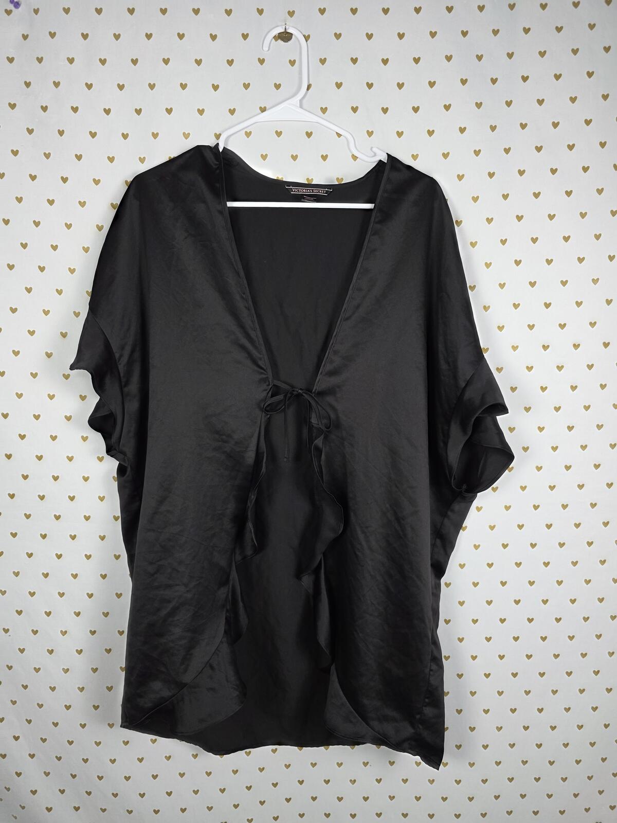 Victorias Secret Satin Silky Robe LOVE Tie Front Black One Size Fits ALL