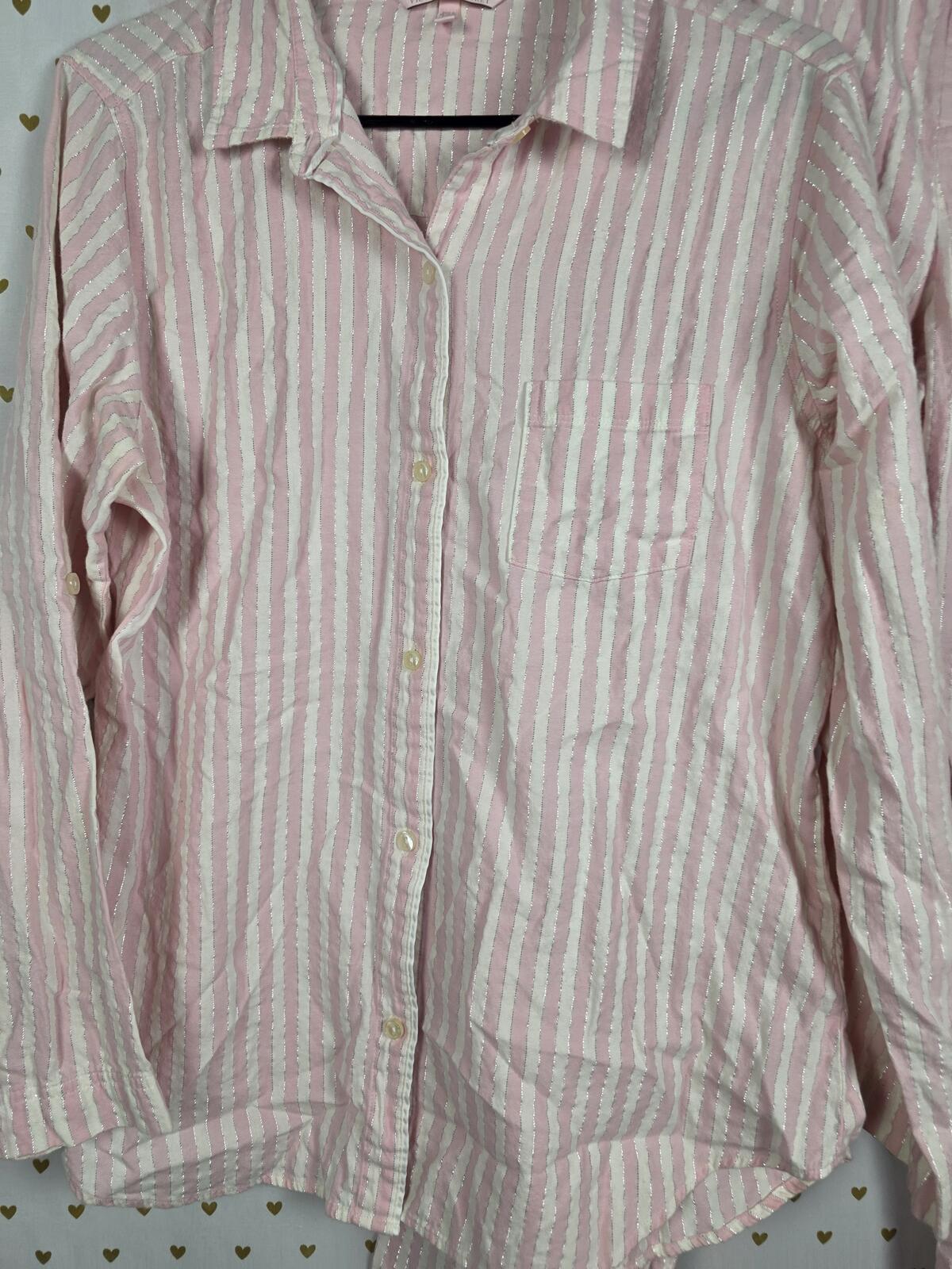 Victorias Secret LARGE PInk Shimmer Stripe Sleep Set Pajama Shirt Pants
