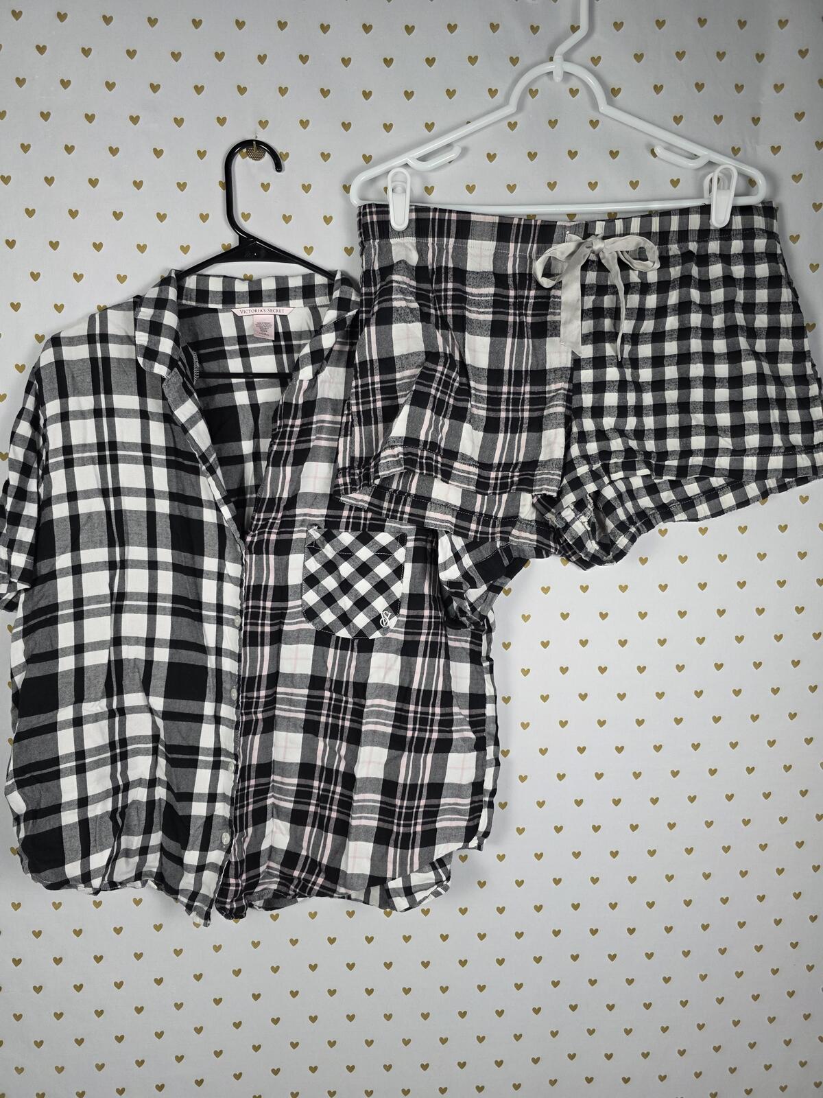Victorias Secret Plaid Black Sleep Pajama Set 2pc Shorts Shirt Button Front L