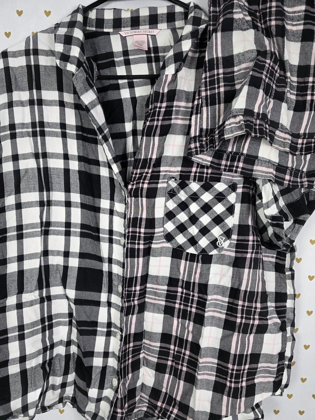 Victorias Secret Plaid Black Sleep Pajama Set 2pc Shorts Shirt Button Front L