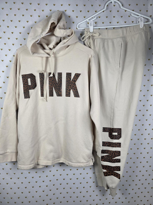 Victorias Secret Pink Cheetah Leopard SET 2pc Hoodie Sweater Sweats Joggers MED