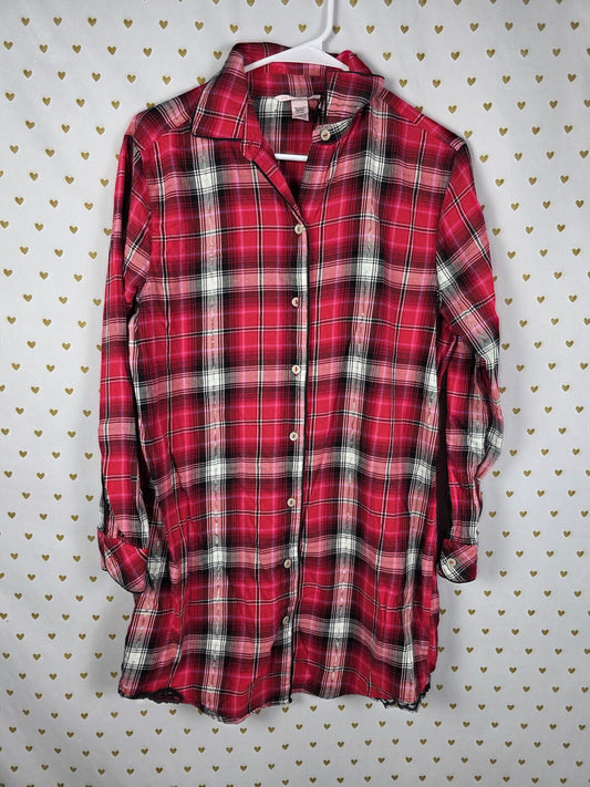Victorias Secret Red Plaid Sleep Shirt Button Down Nightgown Long Sleeve SMALL