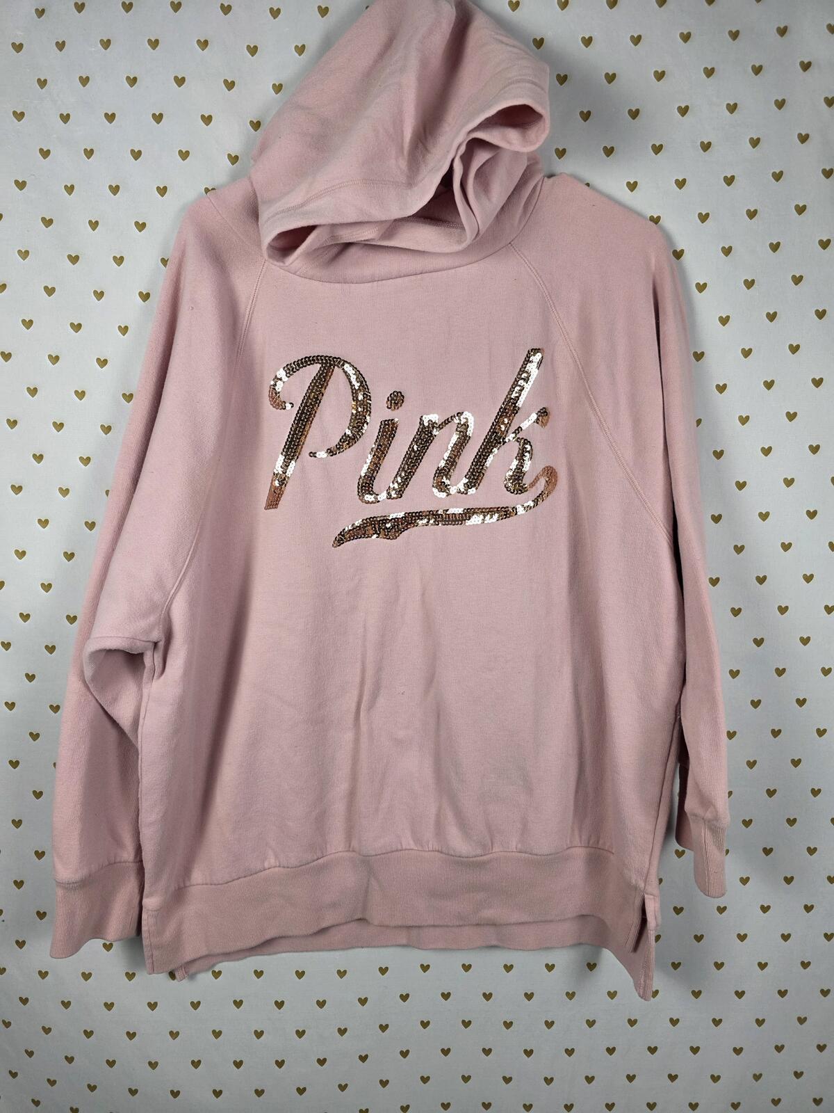 Victorias Secret Pink BLING Pullover Hooded Sweater Shirt Gold LARGE