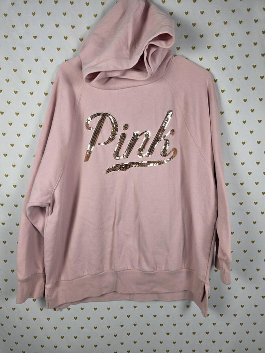 Victorias Secret Pink BLING Pullover Hooded Sweater Shirt Gold LARGE