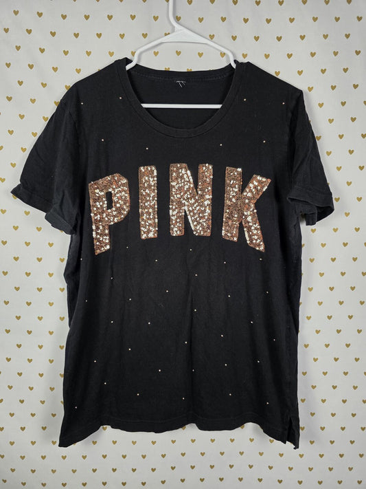 Victorias Secret PINK Bling Studded Gold Sequined Tee Shirt XL