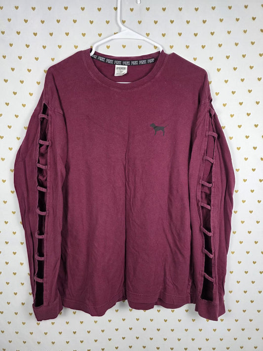Victorias Secret PINK Maroon Dog Logo Open Ladder Sleeve Tee shirt LARGE