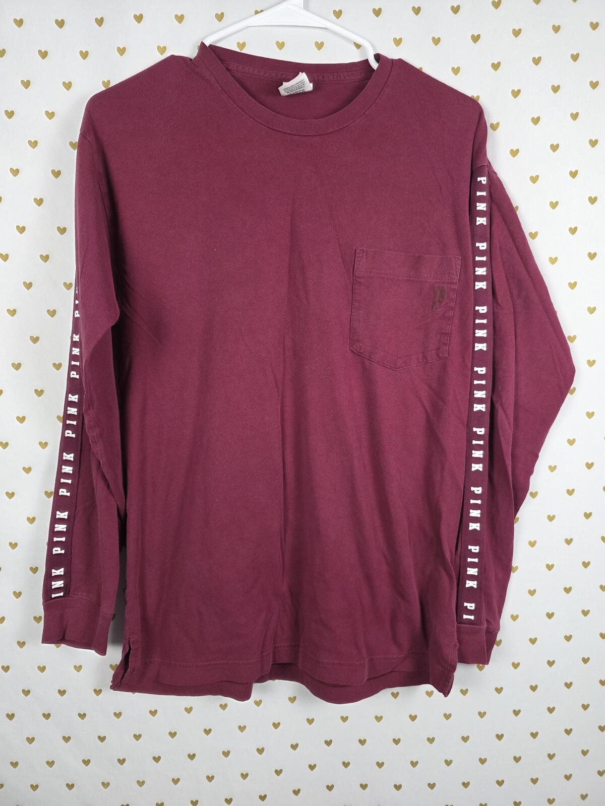 Victorias Secret PINK Dog Logo Long sleeve Maroon Campus Tee shirt SMALL