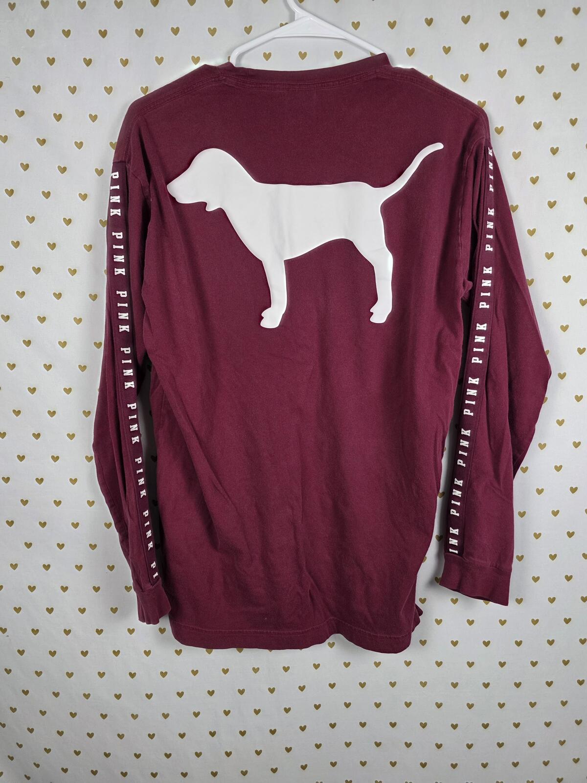 Victorias Secret PINK Dog Logo Long sleeve Maroon Campus Tee shirt SMALL