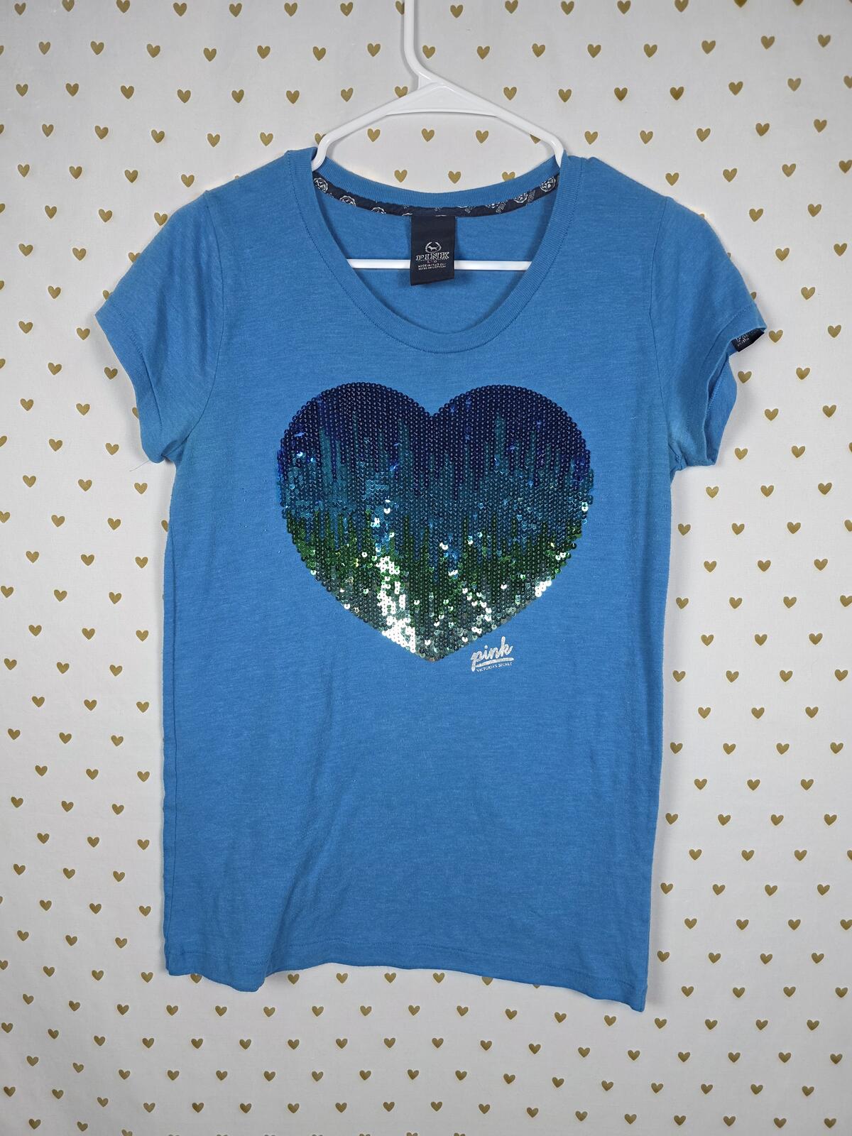 Victorias Secret PINK Vintage Blue Y2K Bling Heart Sequined Tee shirt LARGE
