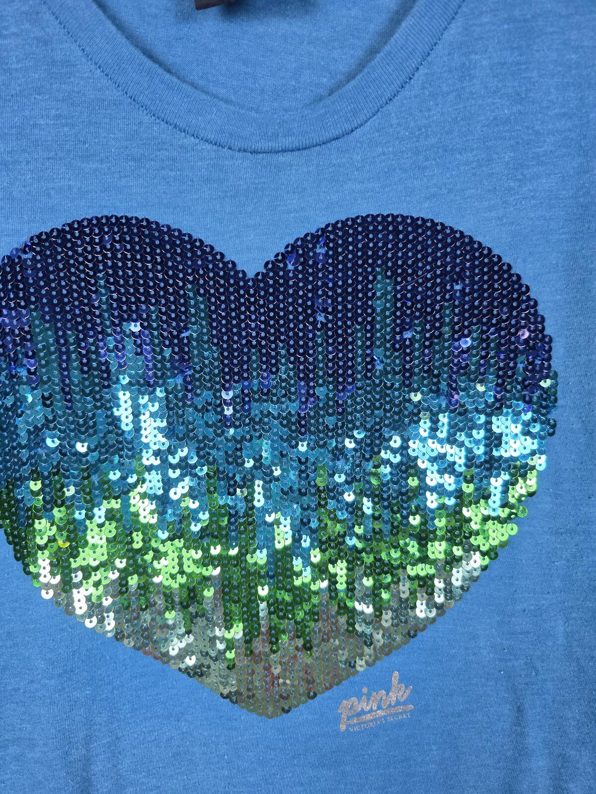 Victorias Secret PINK Vintage Blue Y2K Bling Heart Sequined Tee shirt LARGE
