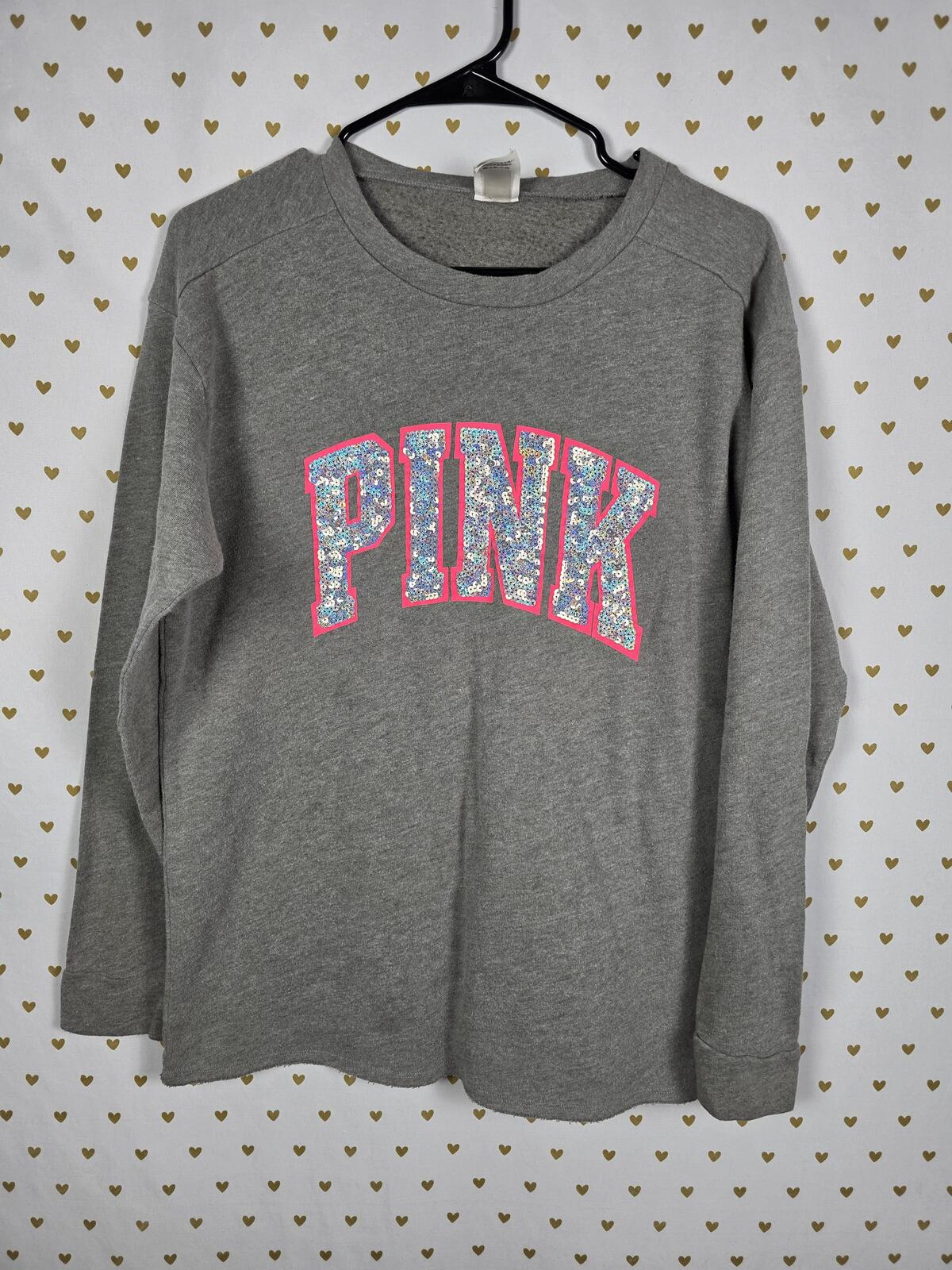 Victorias Secret Pink BLING Long sleeve Sequined Sweater Shirt Grey SMALL