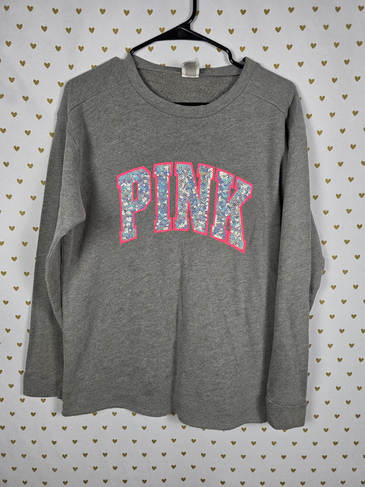 Victorias Secret Pink BLING Long sleeve Sequined Sweater Shirt Grey SMALL