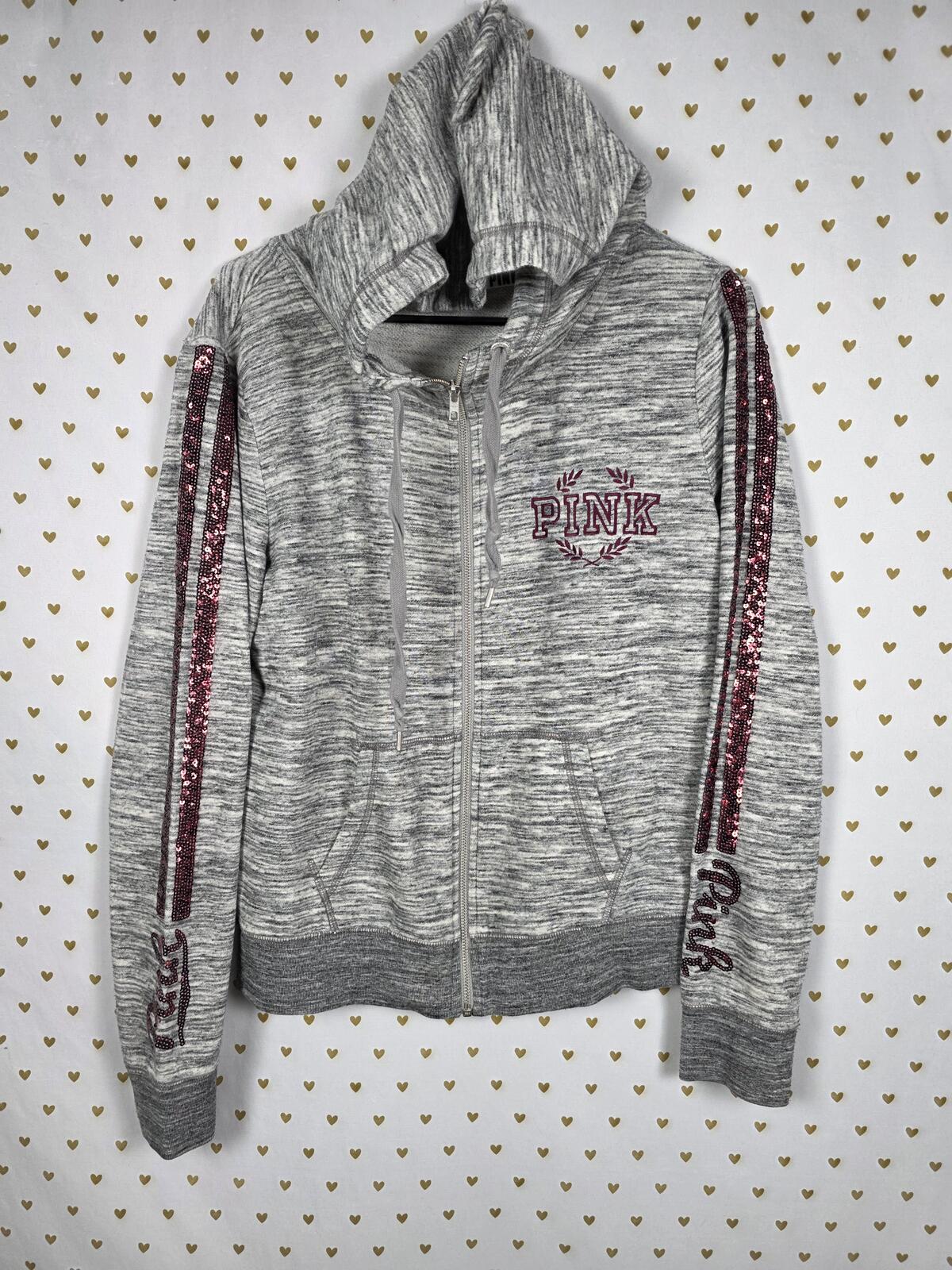 Victorias Secret Pink RED BLING SEQUINED Full Zip Hoodie Jacket Grey LARGE