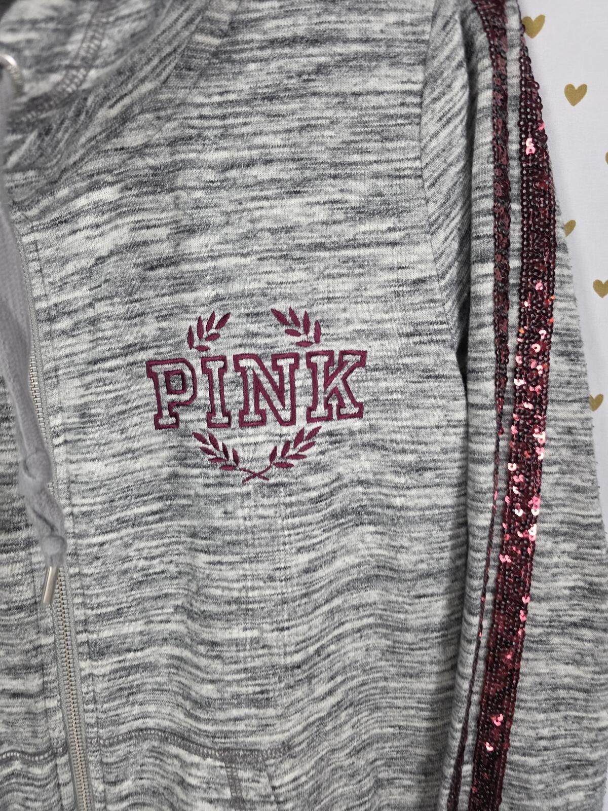 Victorias Secret Pink RED BLING SEQUINED Full Zip Hoodie Jacket Grey LARGE