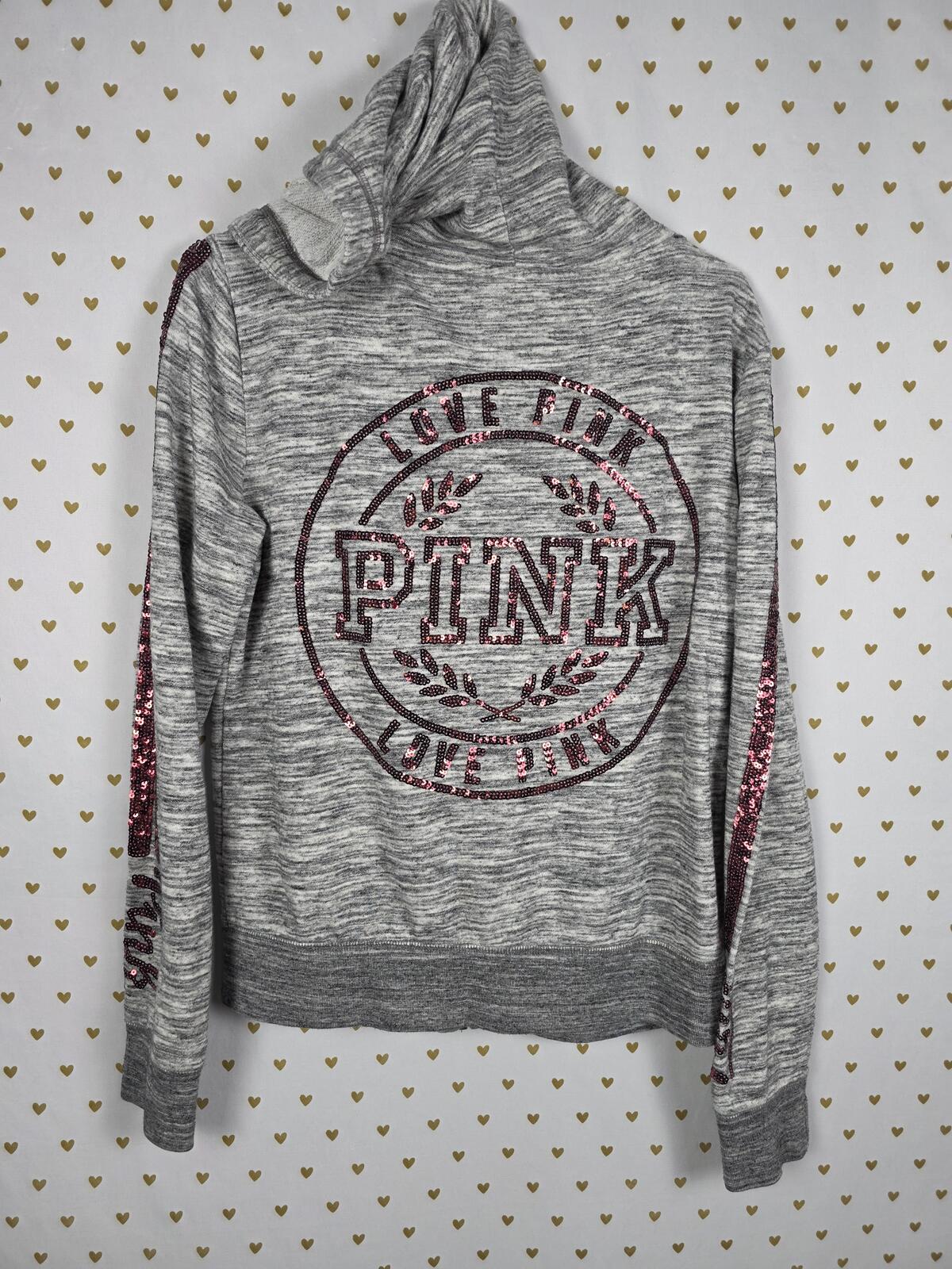 Victorias Secret Pink RED BLING SEQUINED Full Zip Hoodie Jacket Grey LARGE