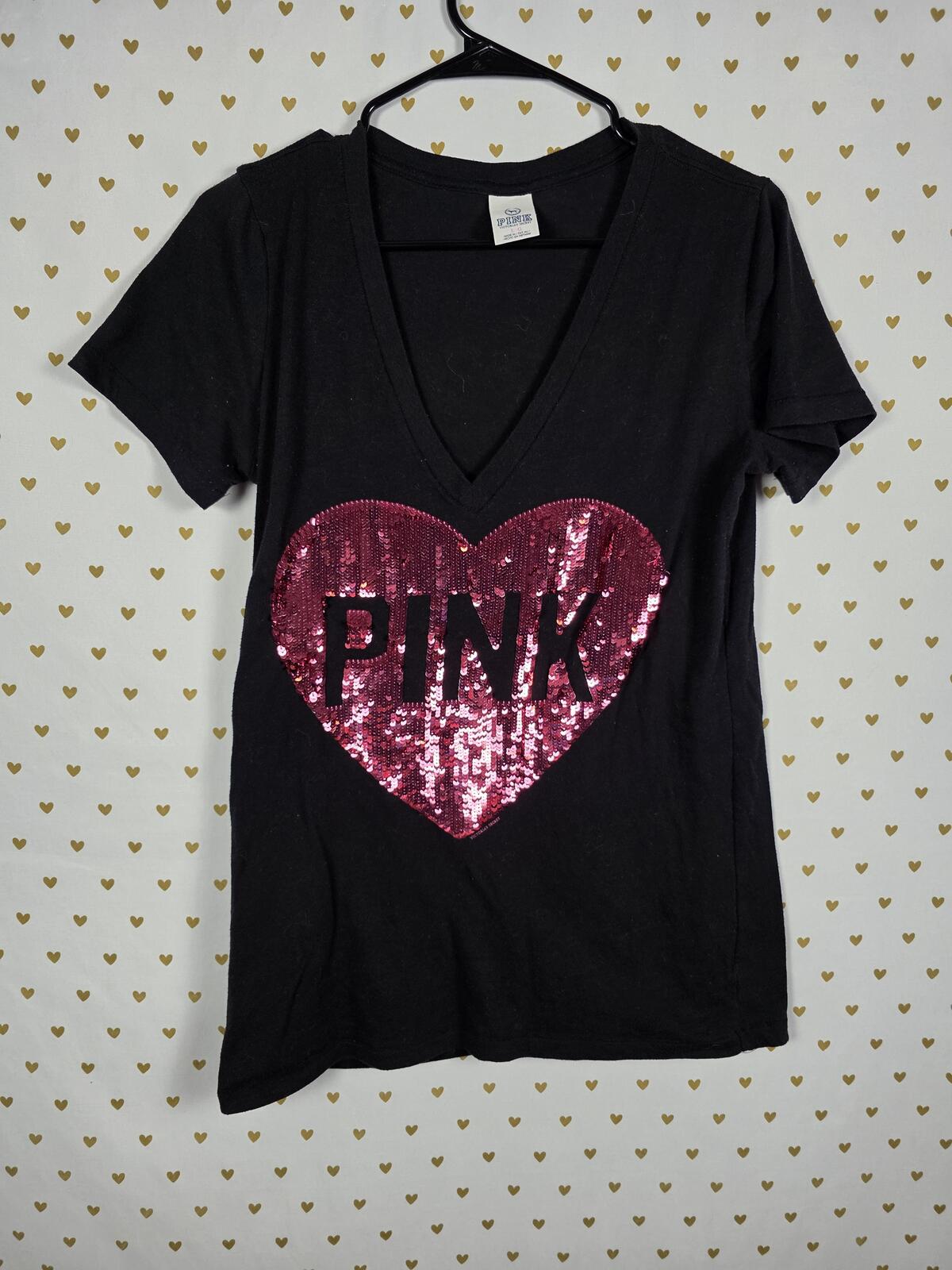 Victorias Secret PINK Vintage HEART HTF Y2k Bling Logo Black V neck Tee shirt L