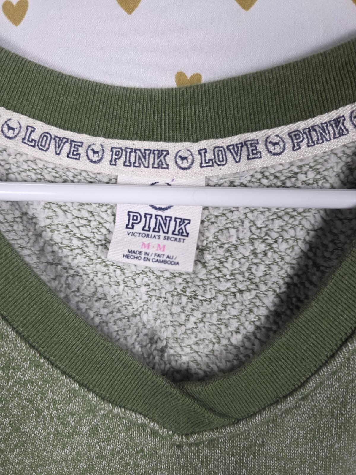 Victorias Secret PINK Vintage Velour Logo y2k Green Love Sweater Shirt MEDIUM