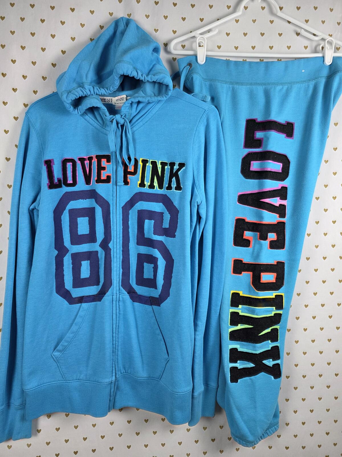 Victorias Secret Pink Vintage Rainbow Embroidered SET 2pc Hoodie Sweats SMALL M
