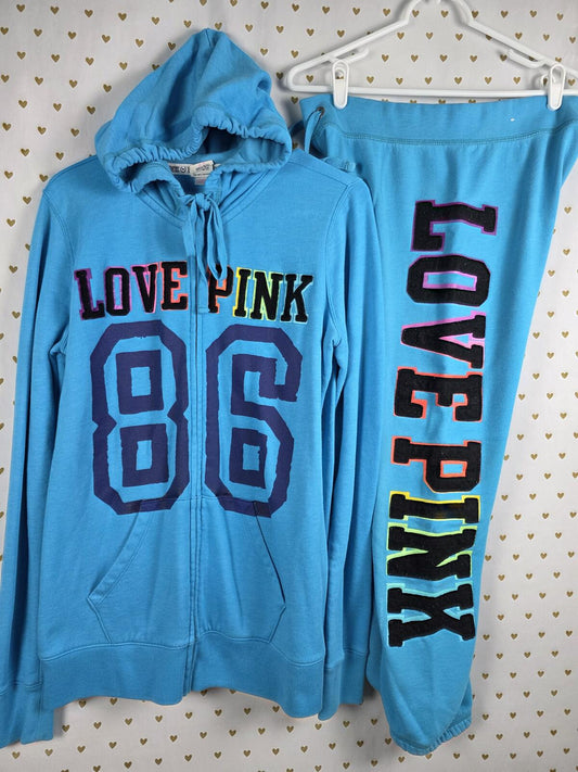 Victorias Secret Pink Vintage Rainbow Embroidered SET 2pc Hoodie Sweats SMALL M