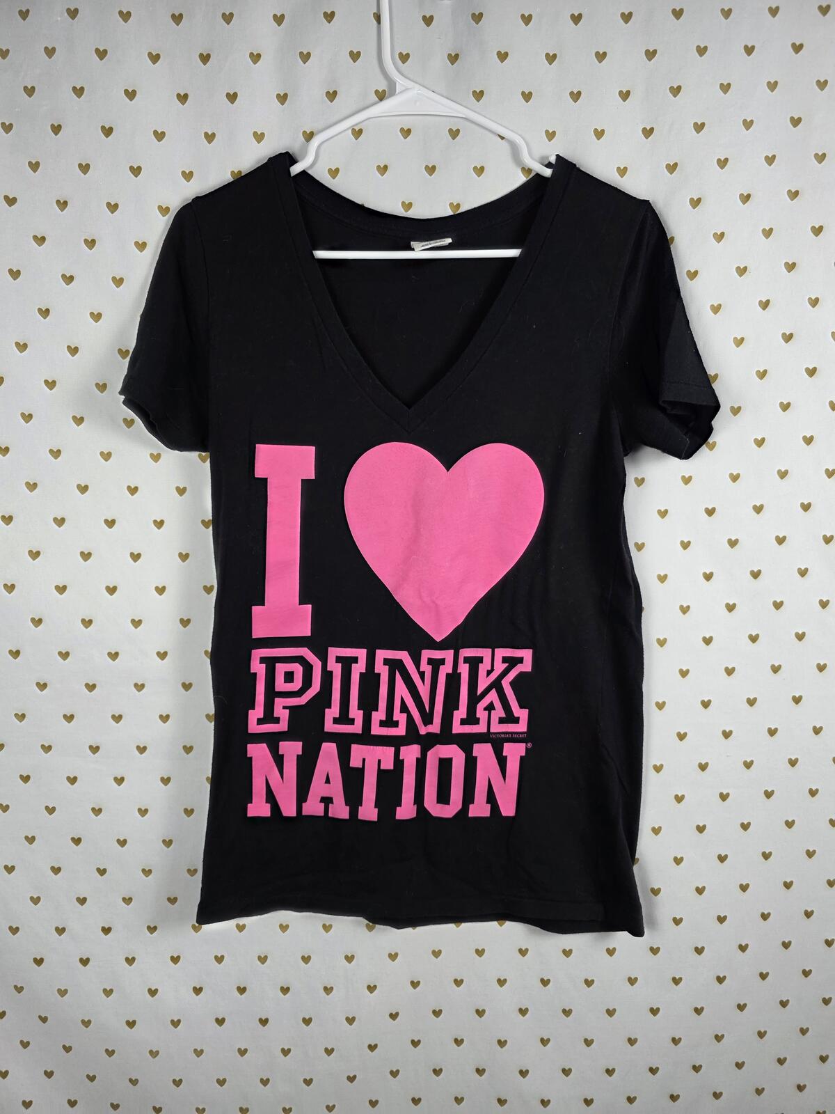 Victorias Secret PINK NATION Love Collectible tee shirt Black V neck LARGE