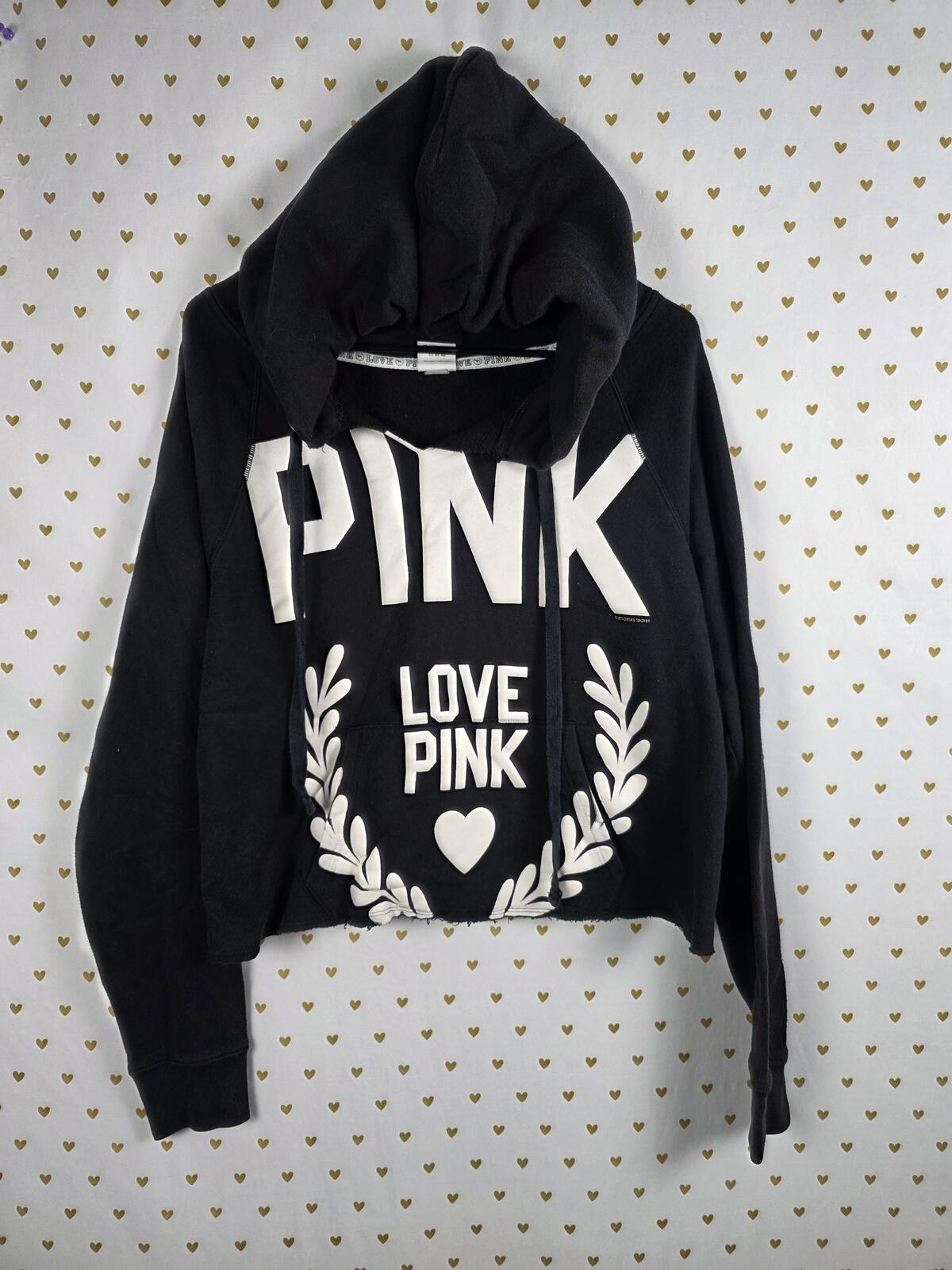 Victorias Secret Pink Vintage Cropped Hoodie Logo LOVE Sweater Black LARGE y2k