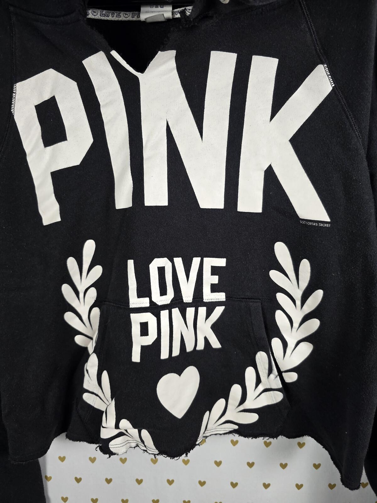 Victorias Secret Pink Vintage Cropped Hoodie Logo LOVE Sweater Black LARGE y2k