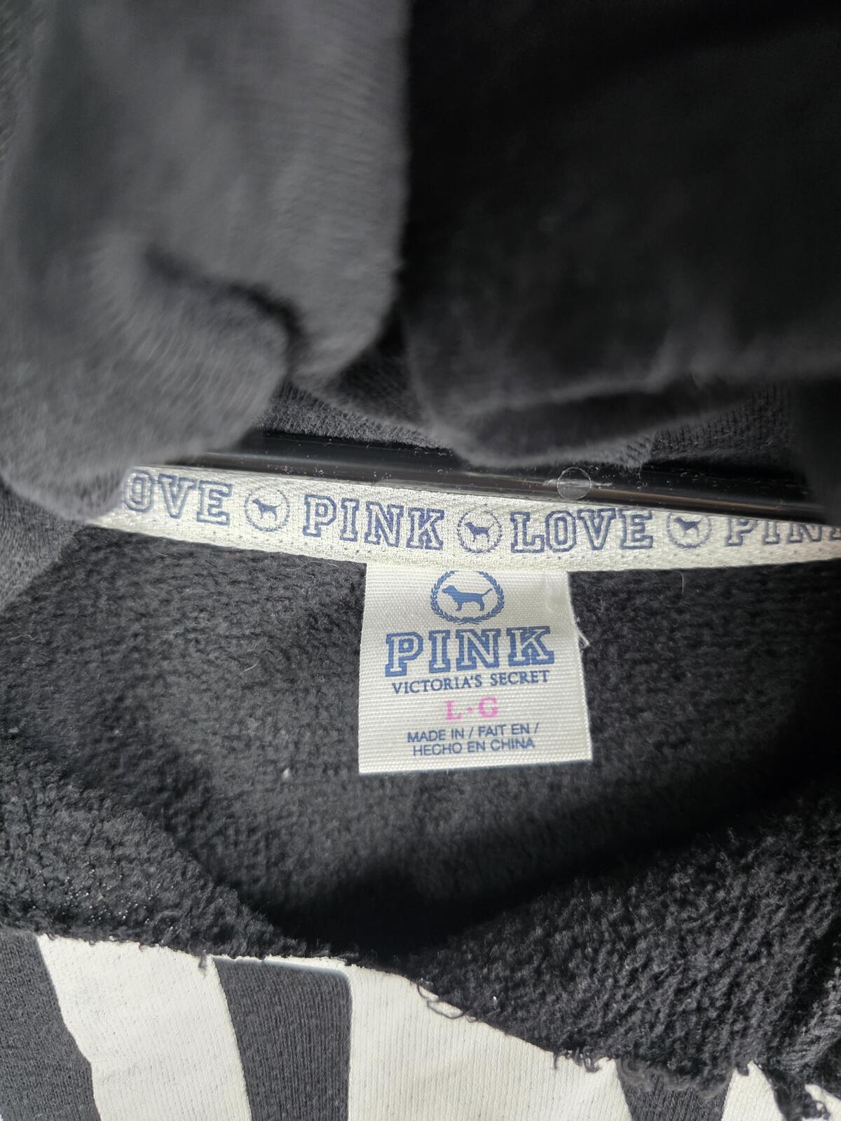 Victorias Secret Pink Vintage Cropped Hoodie Logo LOVE Sweater Black LARGE y2k