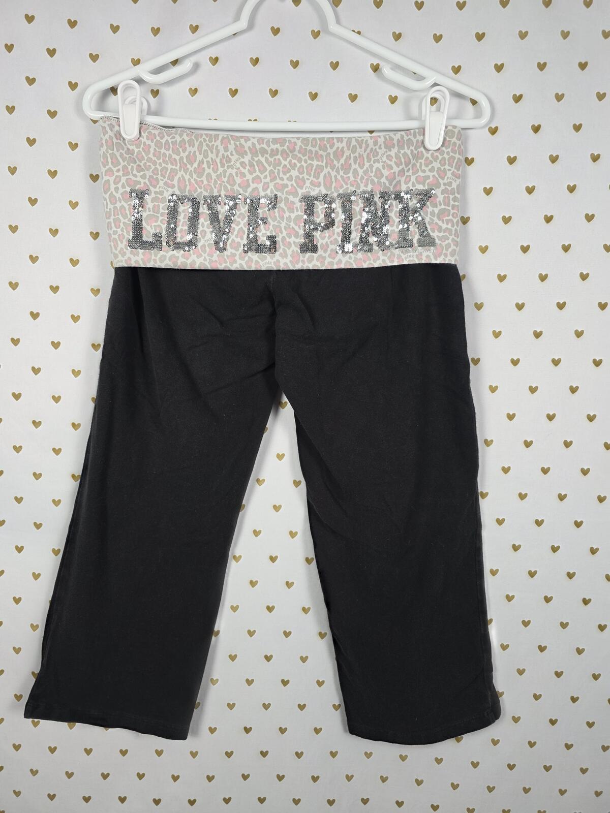 Victorias Secret PINK BLING CHEETAH LEOPARD Foldover Capri Yoga Pants Vintage M