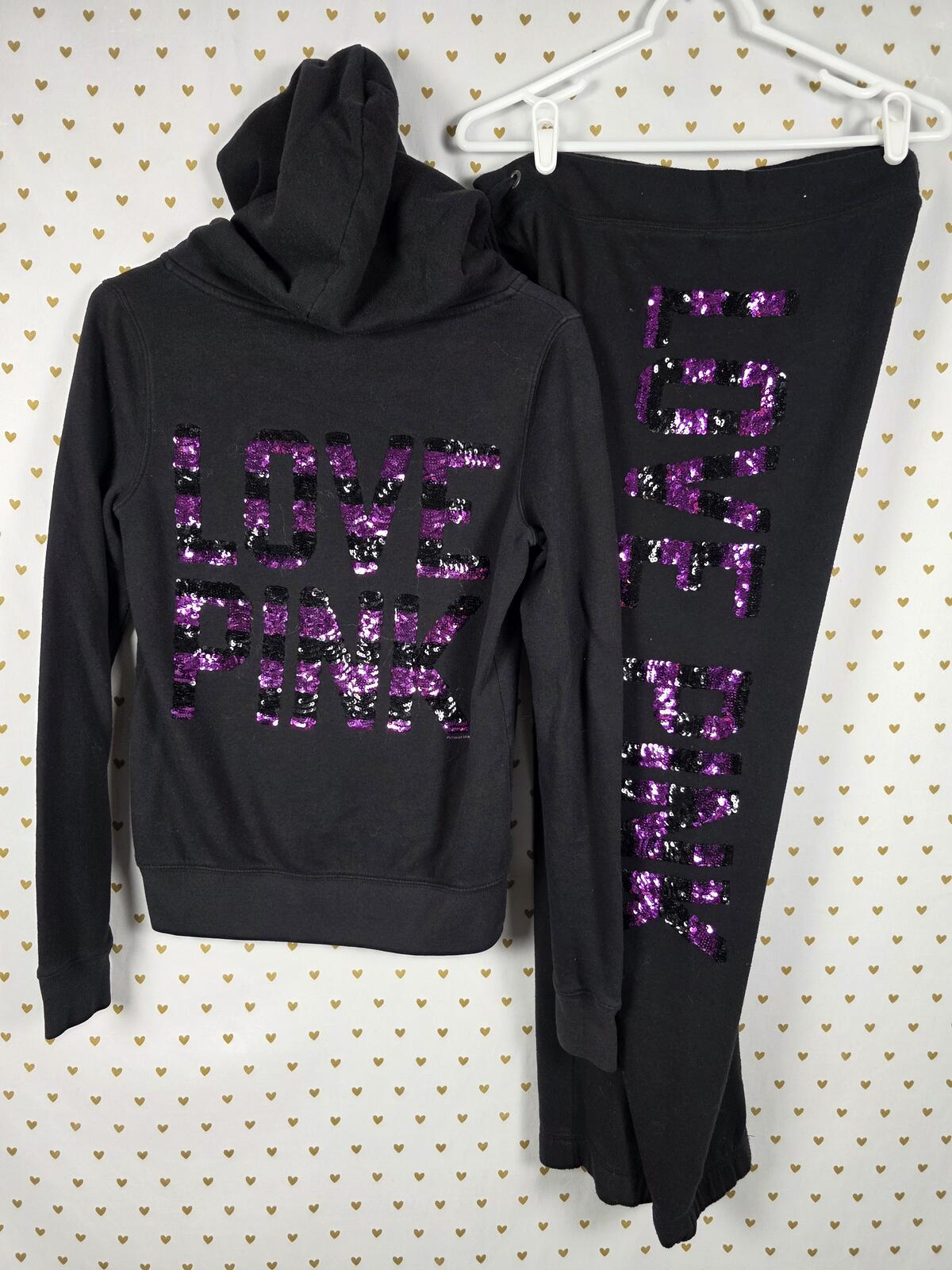Victorias Secret Pink BLING SEQUINED Hoodie Sweats SET 2pc Small Vintage Outfit