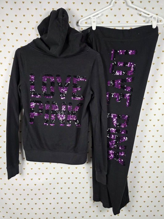 Victorias Secret Pink BLING SEQUINED Hoodie Sweats SET 2pc Small Vintage Outfit