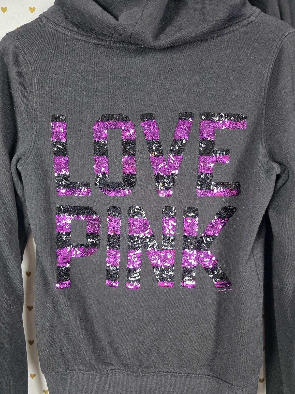 Victorias Secret Pink BLING SEQUINED Hoodie Sweats SET 2pc Small Vintage Outfit