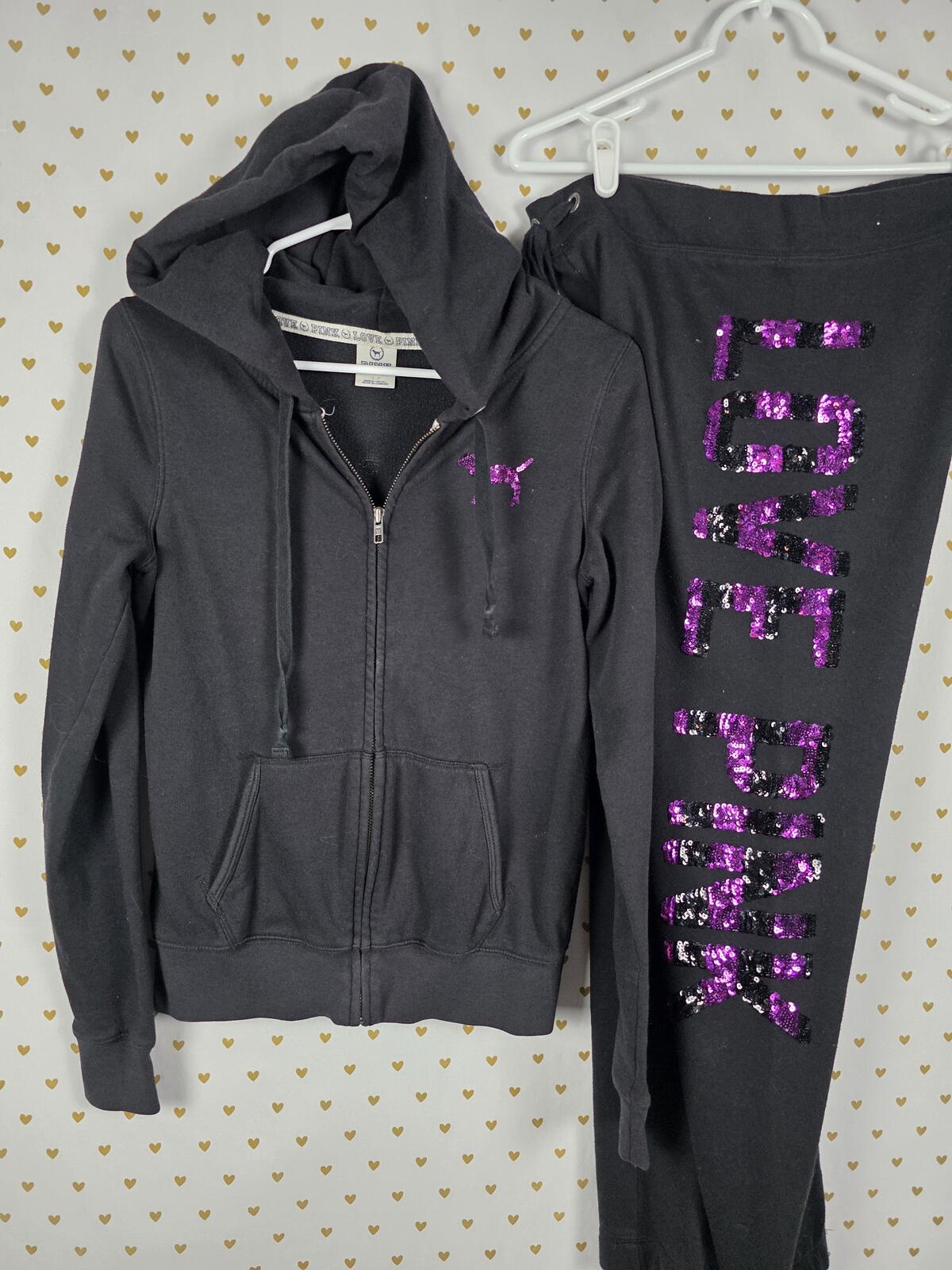 Victorias Secret Pink BLING SEQUINED Hoodie Sweats SET 2pc Small Vintage Outfit