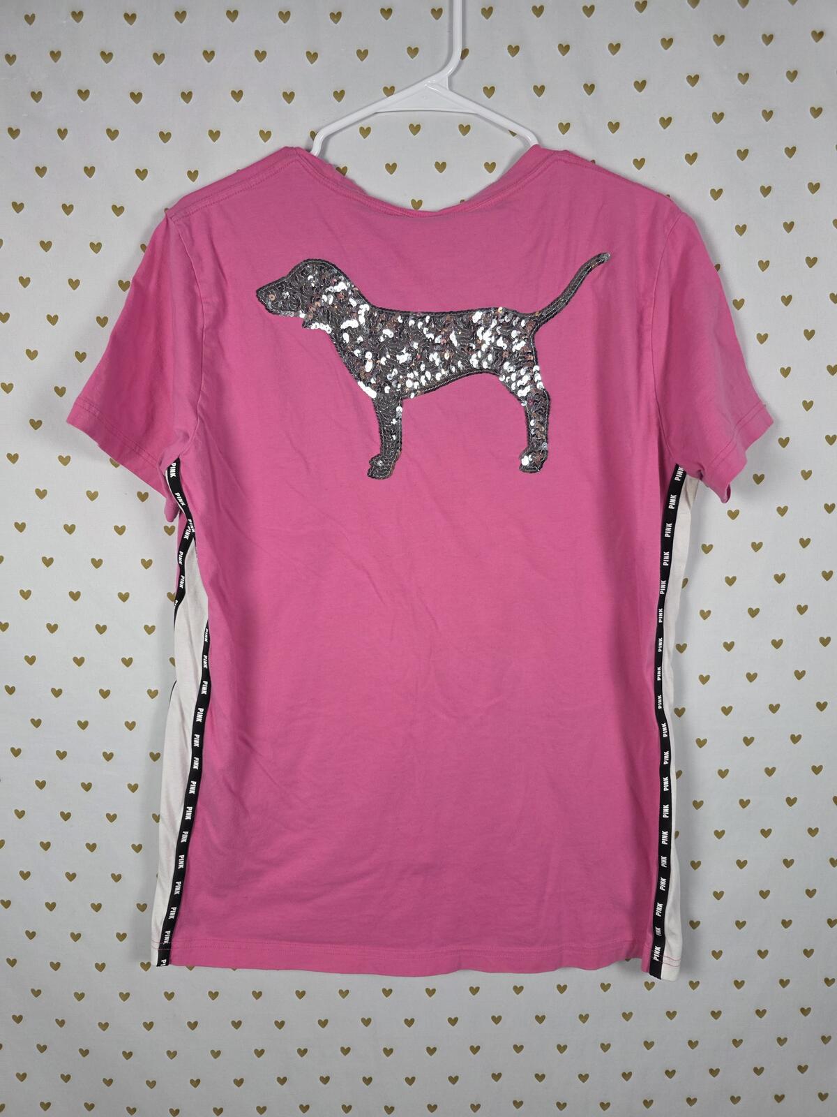 Victorias Secret PINK BLING Dog Logo Sequined Tee shirt MEDIUM
