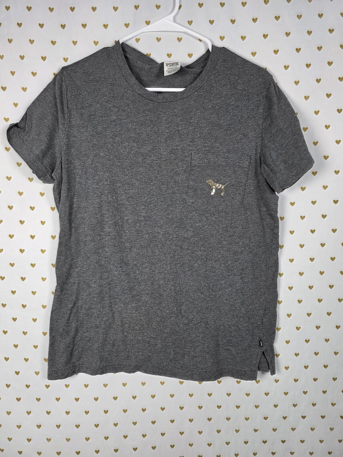 Victorias Secret PINK GOLD BLING DOG LOGO Grey Sequined Small Tee Shirt