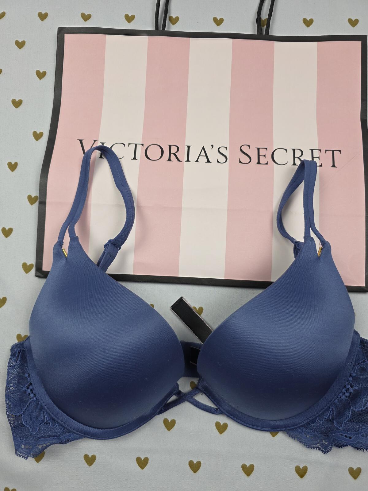 Victorias Secret Blue satin BOMBSHELL Add 2 Sizes Push Up Plunge Bra 32A