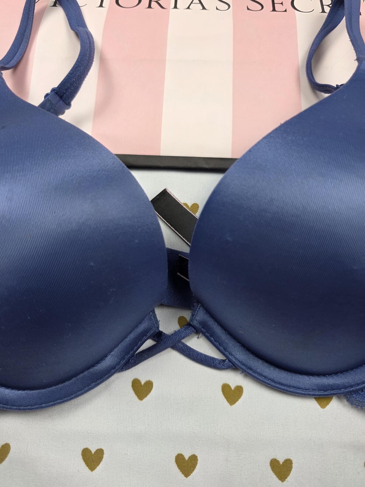 Victorias Secret Blue satin BOMBSHELL Add 2 Sizes Push Up Plunge Bra 32A