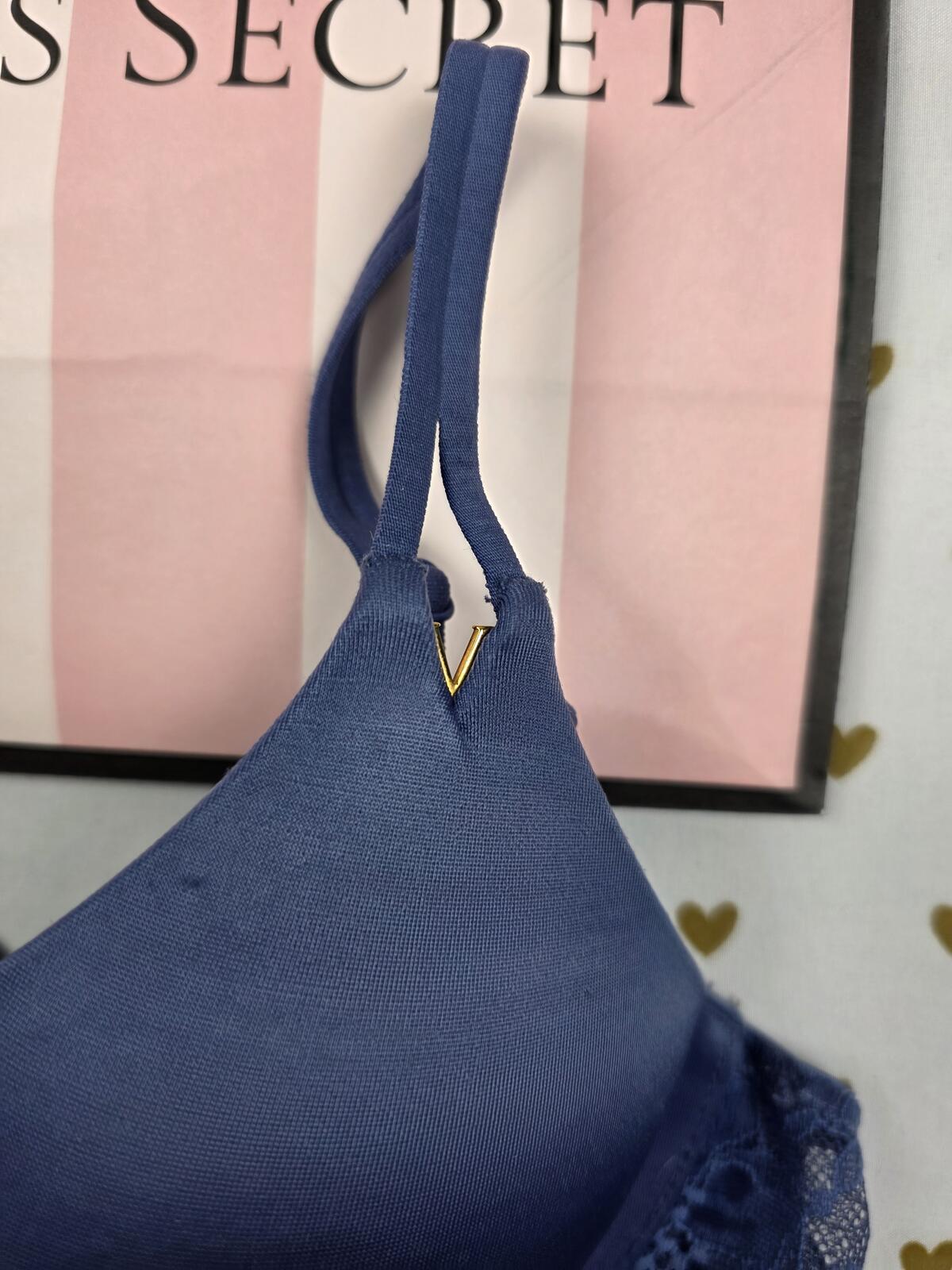 Victorias Secret Blue satin BOMBSHELL Add 2 Sizes Push Up Plunge Bra 32A