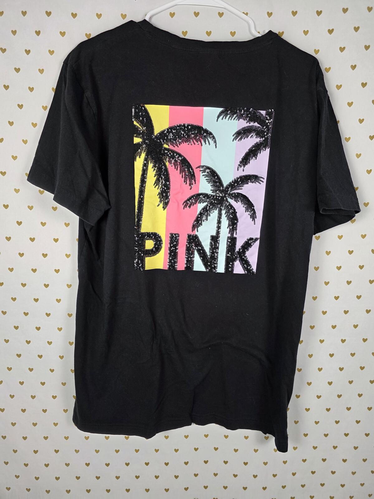 Victorias Secret PINK Floral Palm Bling Sequined Collectors Tee Shirt XL