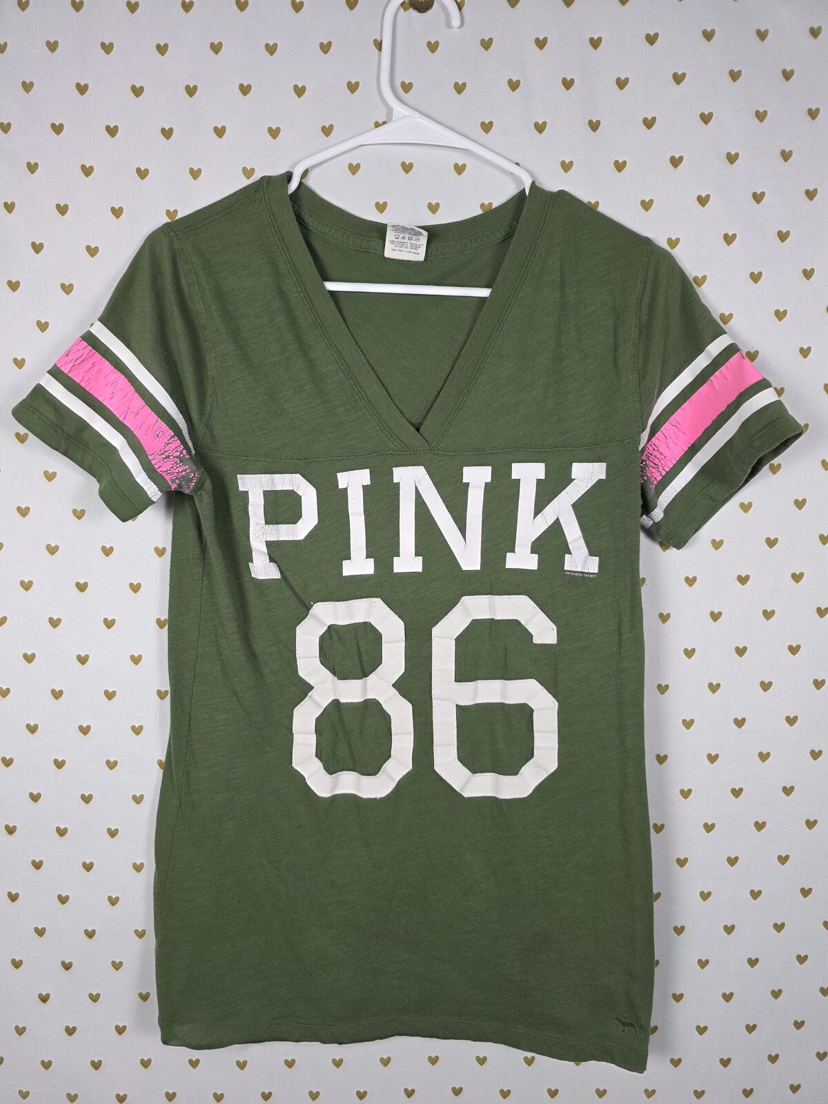 Victorias Secret PINK Green Vintage 86 Y2k V Neck Tee shirt LARGE