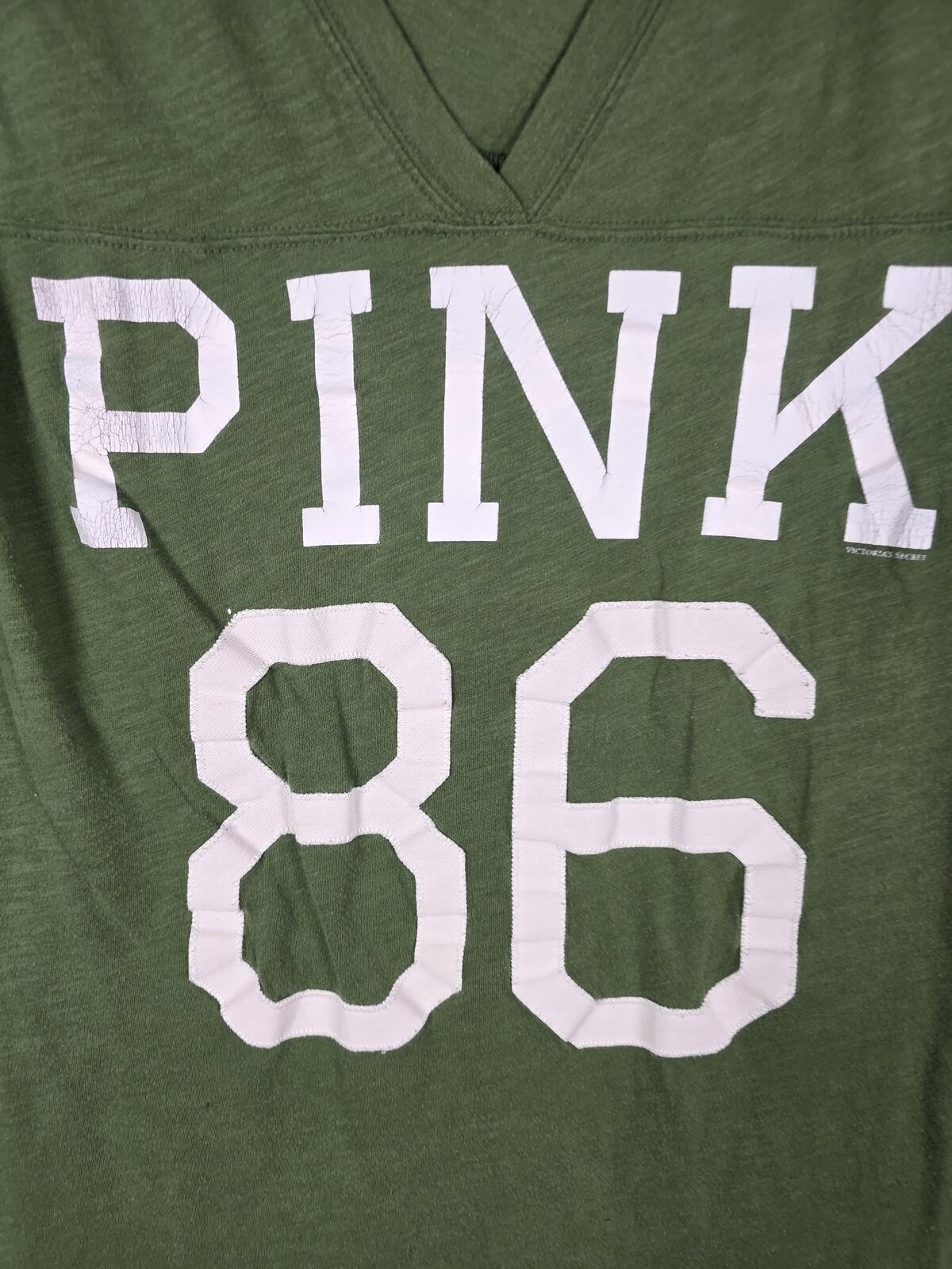 Victorias Secret PINK Green Vintage 86 Y2k V Neck Tee shirt LARGE