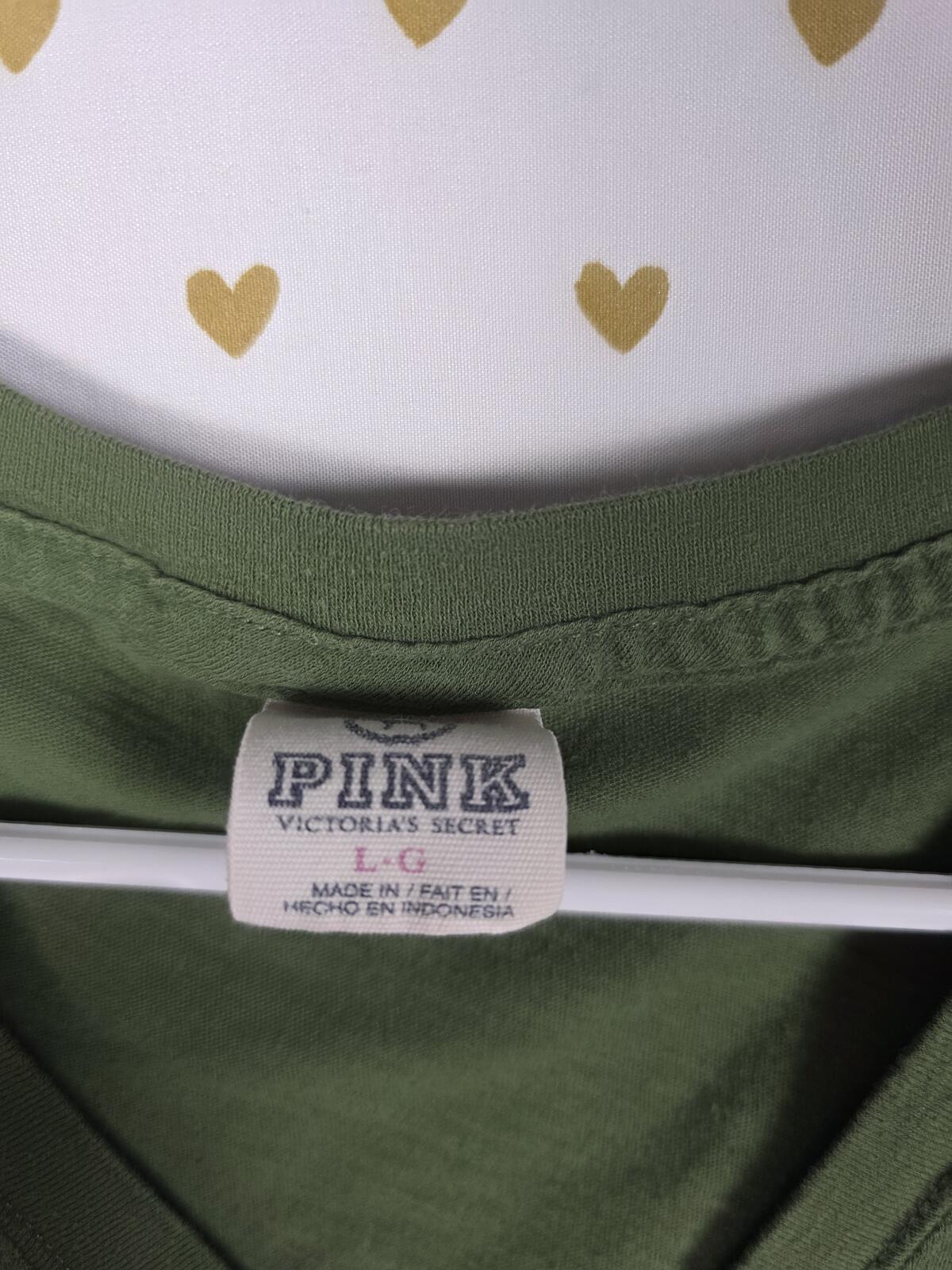 Victorias Secret PINK Green Vintage 86 Y2k V Neck Tee shirt LARGE