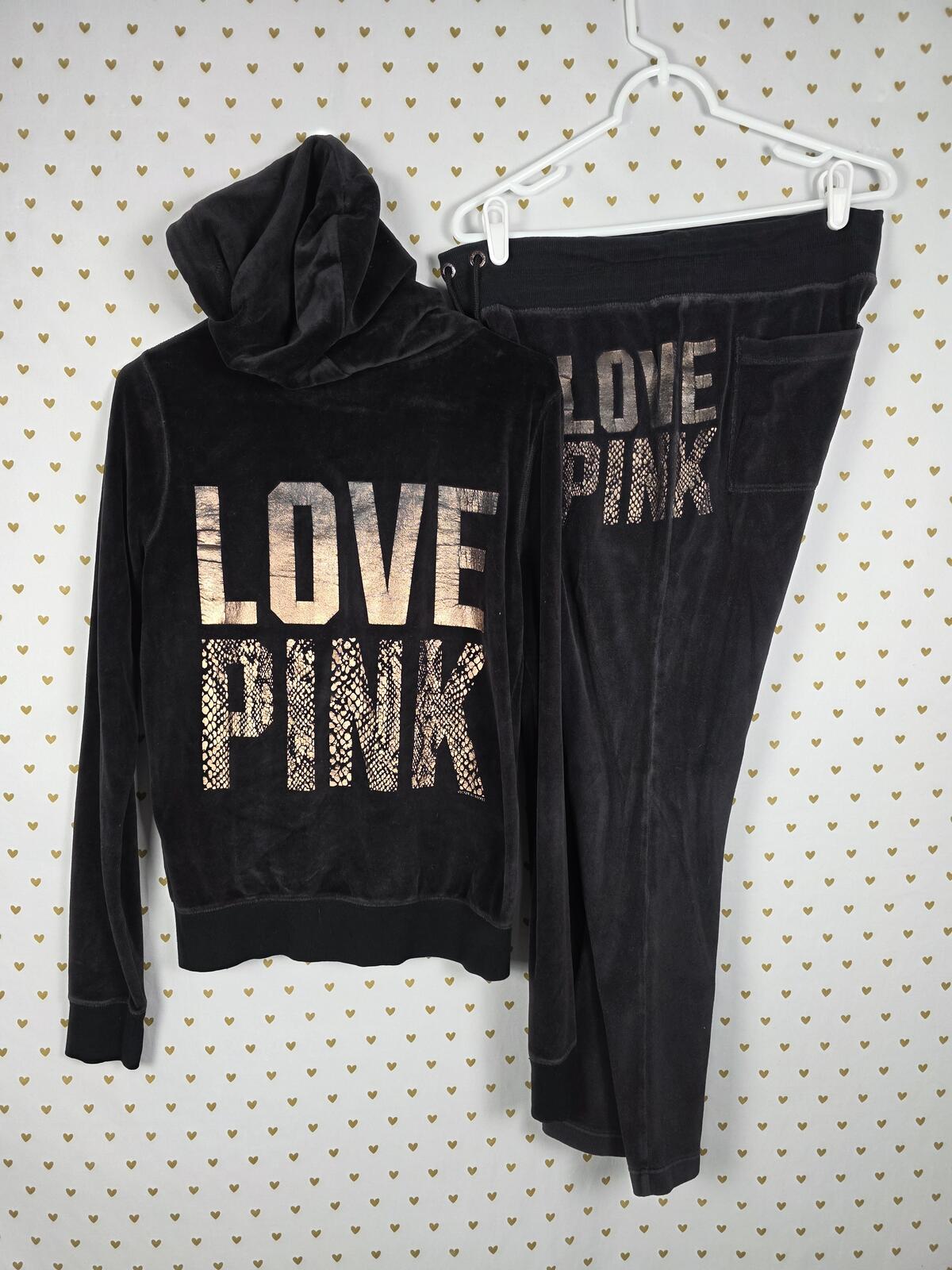 Victoria's Secret PINK Velour Tracksuit Set Hoodie Pants Rose Gold LOVE Y2K M