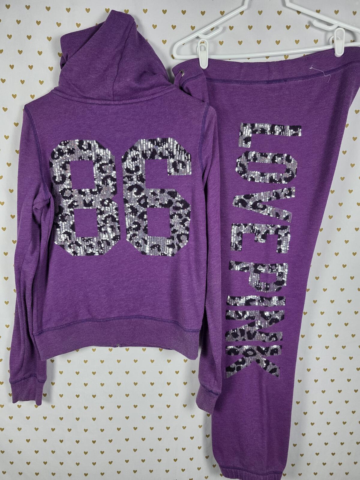 Victoria's Secret PINK 86 Leopard Sequin Hoodie Sweatpants Set Purple Y2K MEDIUM