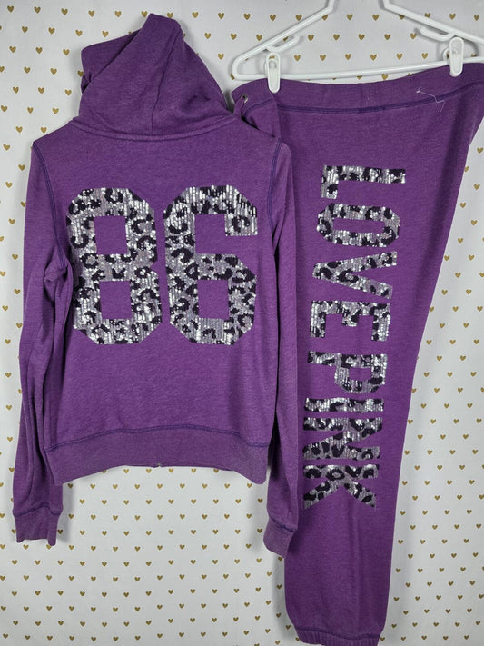 Victoria's Secret PINK 86 Leopard Sequin Hoodie Sweatpants Set Purple Y2K MEDIUM