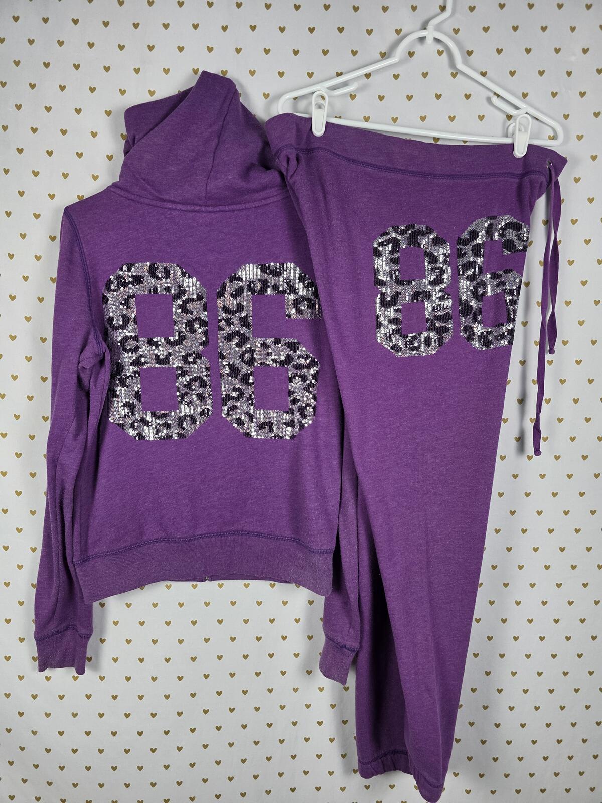 Victoria's Secret PINK 86 Leopard Sequin Hoodie Sweatpants Set Purple Y2K MEDIUM